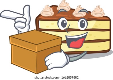 Cute chocolate slice cake cartoon character having a box