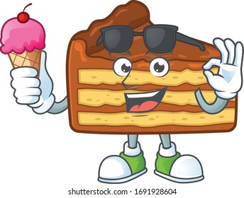 Cute chocolate slice cake cartoon character enjoying an ice cream