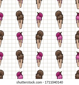 Cute chocolate and strawberry ice cream cartoon seamless vector pattern. Hand drawn melting summer treat. Yummy cold gelato dessert all over print on check background. Sweet dairy soft serve.