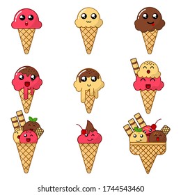 Cute chocolate, strawberry and vanilla ice cream