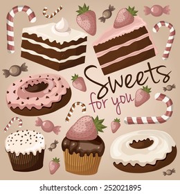 Cute chocolate sweets (cake, donut, muffin, candy, strawberry)