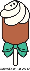 Cute chocolate swirl lollipop with cream topping and green bow. Fun and festive sweet treat illustration in flat cartoon style.