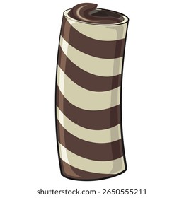 cute chocolate wafer roll cartoon vector illustration, funny dessert in striped snack design for kids and food packaging, work of hand drawn