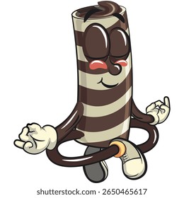 cute chocolate wafer roll mascot cartoon vector illustration meditating, funny dessert character in striped snack design for kids and food packaging, work of hand drawn