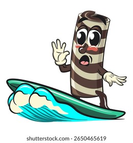 cute chocolate wafer roll mascot cartoon vector illustration surfing riding the waves, funny dessert character in striped snack design for kids and food packaging, work of hand drawn