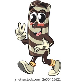 cute chocolate wafer roll mascot cartoon vector illustration walking with peace sign, funny dessert character in striped snack design for kids and food packaging, work of hand drawn