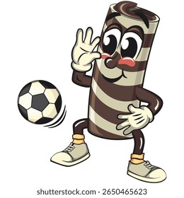cute chocolate wafer roll mascot cartoon vector illustration play football or soccer, funny dessert character in striped snack design for kids and food packaging, work of hand drawn