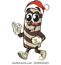 cute chocolate wafer roll mascot cartoon vector illustration wearing a Santa Claus hat, funny dessert character in striped snack design for kids and food packaging, work of hand drawn