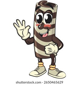 cute chocolate wafer roll mascot cartoon vector illustration wave hands, funny dessert character in striped snack design for kids and food packaging, work of hand drawn