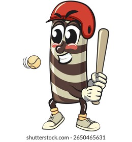 cute chocolate wafer roll mascot cartoon vector illustration wear a helmet playing baseball, funny dessert character in striped snack design for kids and food packaging, work of hand drawn