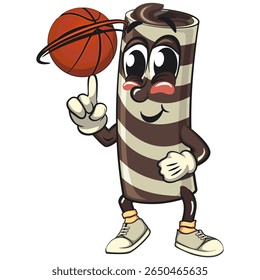 cute chocolate wafer roll mascot cartoon vector illustration spin the basketball with the index finger, funny dessert character in striped snack design for kids and food packaging, work of hand drawn
