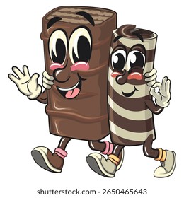 cute chocolate wafer roll mascot cartoon vector illustration walking with a mascot chocolate wafer, funny dessert character in striped snack design for kids and food packaging, work of hand drawn