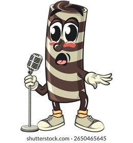 cute chocolate wafer roll mascot cartoon vector illustration on front of the mic, funny dessert character in striped snack design for kids and food packaging, work of hand drawn