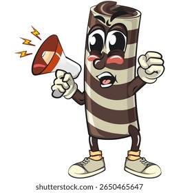 cute chocolate wafer roll mascot cartoon vector illustration out loud with loudspeaker, funny dessert character in striped snack design for kids and food packaging, work of hand drawn