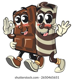 cute chocolate wafer roll mascot cartoon vector illustration walking with a mascot chocolate bar, funny dessert character in striped snack design for kids and food packaging, work of hand drawn
