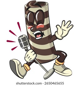 cute chocolate wafer roll mascot cartoon vector illustration singing with great emotion, funny dessert character in striped snack design for kids and food packaging, work of hand drawn