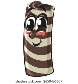 cute chocolate wafer roll mascot cartoon vector illustration, funny dessert character in striped snack design for kids and food packaging, work of hand drawn