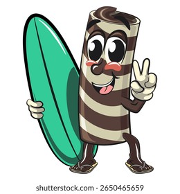 cute chocolate wafer roll mascot cartoon vector illustration with surfboard and gave a peace sign, funny dessert character in striped snack design for kids and food packaging, work of hand drawn