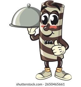 cute chocolate wafer roll mascot cartoon vector illustration be the waiter who carries the lid, funny dessert character in striped snack design for kids and food packaging, work of hand drawn