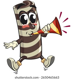 cute chocolate wafer roll mascot cartoon vector illustration blow the party horn trumpet, funny dessert character in striped snack design for kids and food packaging, work of hand drawn