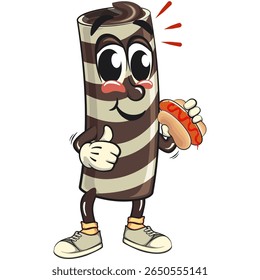 cute chocolate wafer roll mascot cartoon vector illustration carrying a hotdog while giving a thumbs up, funny dessert character in striped snack design for kids and food packaging, work of hand drawn