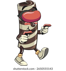 cute chocolate wafer roll mascot cartoon vector illustration entering virtual reality with technology, funny dessert character in striped snack design for kids and food packaging, work of hand drawn