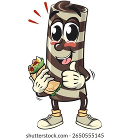 cute chocolate wafer roll mascot cartoon vector illustration have a burritos while giving thumbs up, funny dessert character in striped snack design for kids and food packaging, work of hand drawn