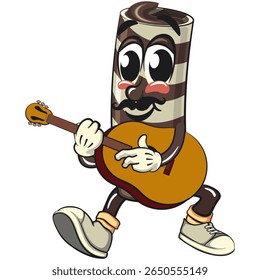 cute chocolate wafer roll mascot cartoon vector illustration with moustache playing guitar, funny dessert character in striped snack design for kids and food packaging, work of hand drawn