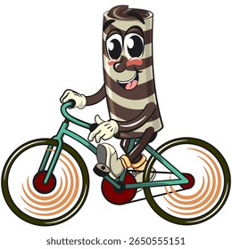 cute chocolate wafer roll mascot cartoon vector illustration enjoy riding a bike, funny dessert character in striped snack design for kids and food packaging, work of hand drawn