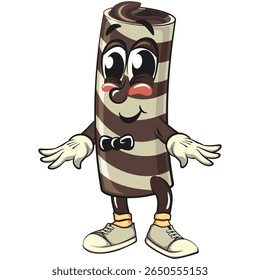 cute chocolate wafer roll mascot cartoon vector illustration with a bow tie, funny dessert character in striped snack design for kids and food packaging, work of hand drawn