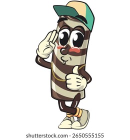 cute chocolate wafer roll mascot cartoon vector illustrationhip hop style by wearing a hat and blinking gold necklace, funny dessert character in striped snack design packaging, work of hand drawn