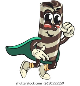 cute chocolate wafer roll mascot cartoon vector illustration as flying superhero wearing a robe, funny dessert character in striped snack design for kids and food packaging, work of hand drawn