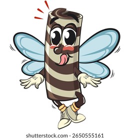 cute chocolate wafer roll mascot cartoon vector illustration have wings and fly like a bee, funny dessert character in striped snack design for kids and food packaging, work of hand drawn