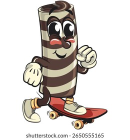 cute chocolate wafer roll mascot cartoon vector illustration playing skateboard, funny dessert character in striped snack design for kids and food packaging, work of hand drawn