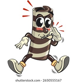 cute chocolate wafer roll mascot cartoon vector illustration blowing the whistle, funny dessert character in striped snack design for kids and food packaging, work of hand drawn