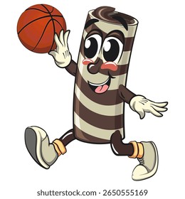 cute chocolate wafer roll mascot cartoon vector illustration jump and fly shooting the basketball, funny dessert character in striped snack design for kids and food packaging, work of hand drawn