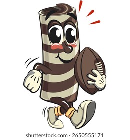 cute chocolate wafer roll mascot cartoon vector illustration playing rugby or american football, funny dessert character in striped snack design for kids and food packaging, work of hand drawn