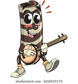 cute chocolate wafer roll mascot cartoon vector illustration playing the banjo musical instrumen, funny dessert character in striped snack design for kids and food packaging, work of hand drawn