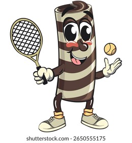 cute chocolate wafer roll mascot cartoon vector illustration playing tennis, funny dessert character in striped snack design for kids and food packaging, work of hand drawn