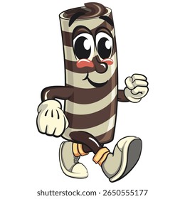 cute chocolate wafer roll mascot cartoon vector illustration walking, funny dessert character in striped snack design for kids and food packaging, work of hand drawn