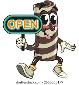 cute chocolate wafer roll mascot cartoon vector illustration showing a sign that says open, funny dessert character in striped snack design for kids and food packaging, work of hand drawn