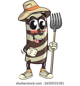 cute chocolate wafer roll mascot cartoon vector illustration as farmer with his fork, funny dessert character in striped snack design for kids and food packaging, work of hand drawn