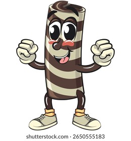 cute chocolate wafer roll mascot cartoon vector illustration healthy and strong enough to become a champion, funny dessert character in striped snack design and food packaging, work of hand drawn