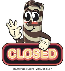 cute chocolate wafer roll mascot cartoon vector illustration showing a sign that says closed, funny dessert character in striped snack design for kids and food packaging, work of hand drawn