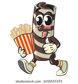cute chocolate wafer roll mascot cartoon vector illustration brought a box of french fries, funny dessert character in striped snack design for kids and food packaging, work of hand drawn