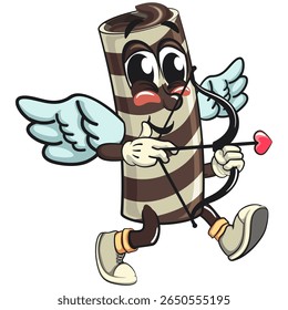 cute chocolate wafer roll mascot cartoon vector illustration cupid with angel wings and the arrow of love, funny dessert character in striped snack design and food packaging, work of hand drawn