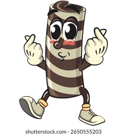 cute chocolate wafer roll mascot cartoon vector illustration giving a sign of love with two hand, funny dessert character in striped snack design for kids and food packaging, work of hand drawn