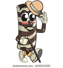bonitinho chocolate wafer rolo mascote desenho animado vetor carregando um pau e saudando com chapéu levantado, personagem de sobremesa engraçado em design de lanche listrado e embalagem de alimentos, trabalho de mão desenhada