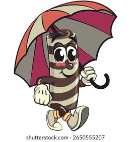 cute chocolate wafer roll mascot cartoon vector illustration walking with an umbrella, funny dessert character in striped snack design for kids and food packaging, work of hand drawn