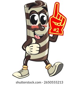 cute chocolate wafer roll mascot cartoon vector illustration raise foam finger, funny dessert character in striped snack design for kids and food packaging, work of hand drawn